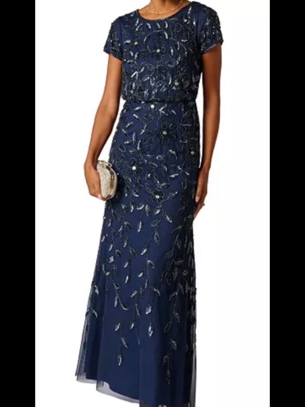 Adrianna Papell Beaded Boat Neck Blouson Gown, Sz 18, New, No Missing Beads,navy